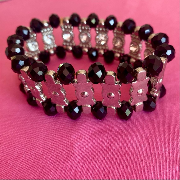 Black Silver Cuff Bracelet Beaded Stretchy Formal Wedding Guest Party Jewelry - Picture 4 of 7